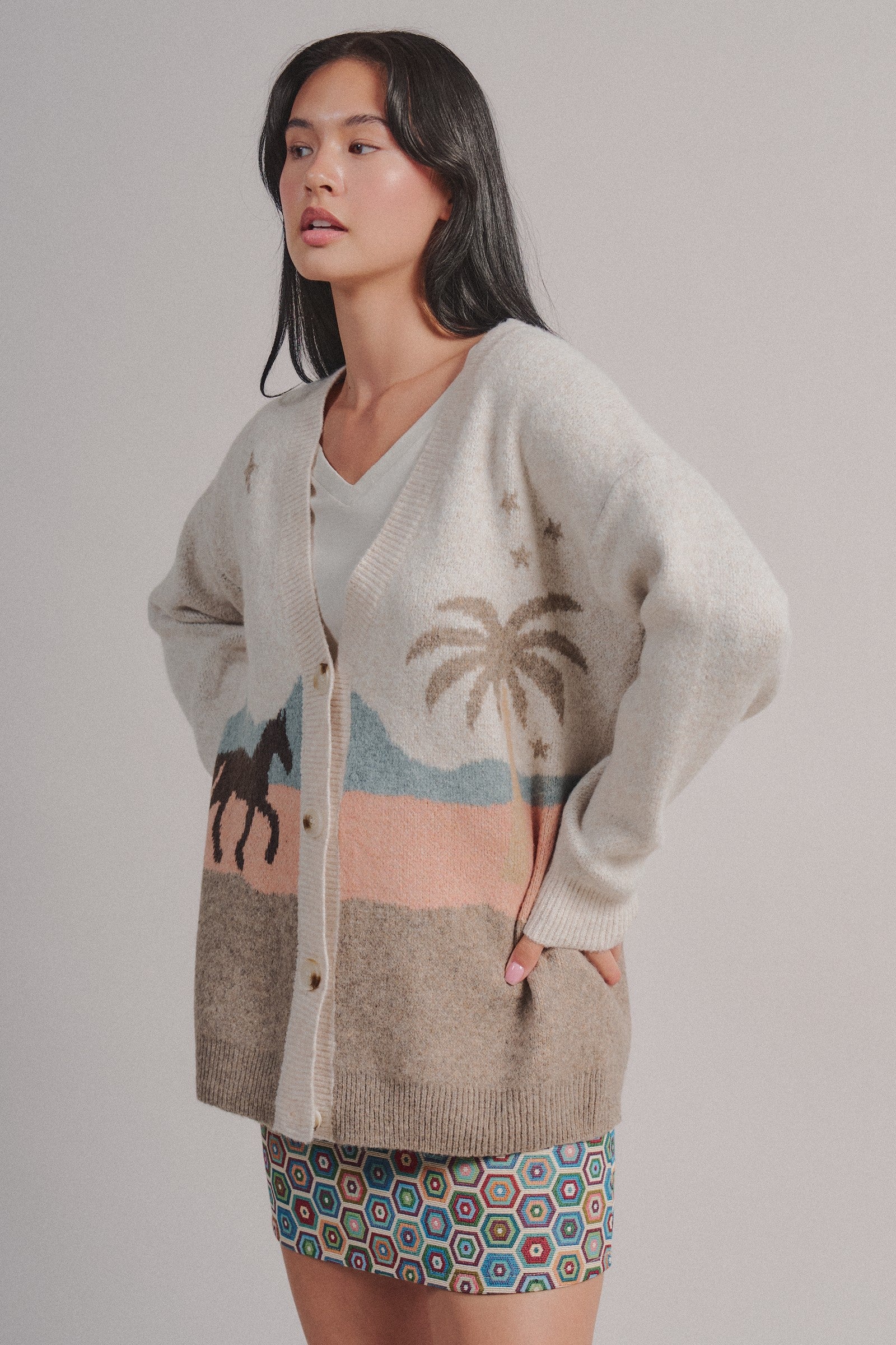 Palm Tree Horse Scenic Knit Cardigan in Taupe	 - Women's Fashion | Urban Daizy