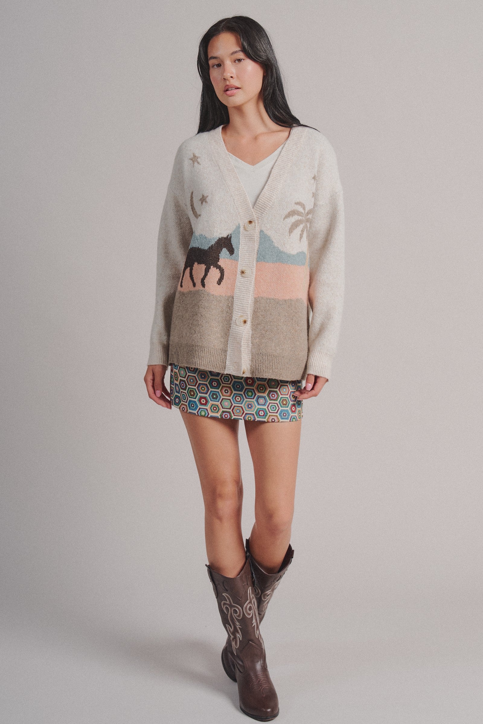 Palm Tree Horse Scenic Knit Cardigan in Taupe	 - Women's Fashion | Urban Daizy