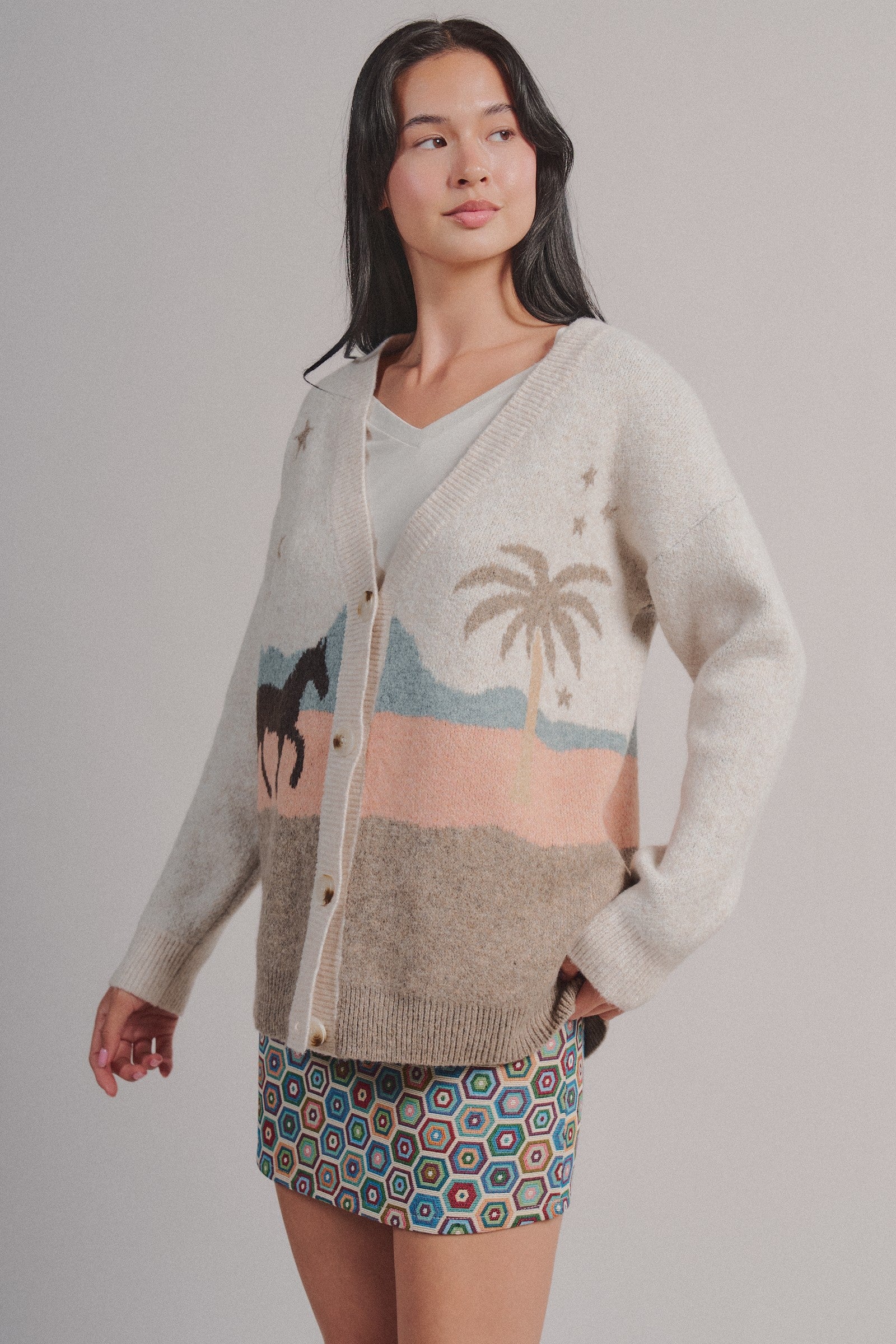 Palm Tree Horse Scenic Knit Cardigan in Taupe	 - Women's Fashion | Urban Daizy