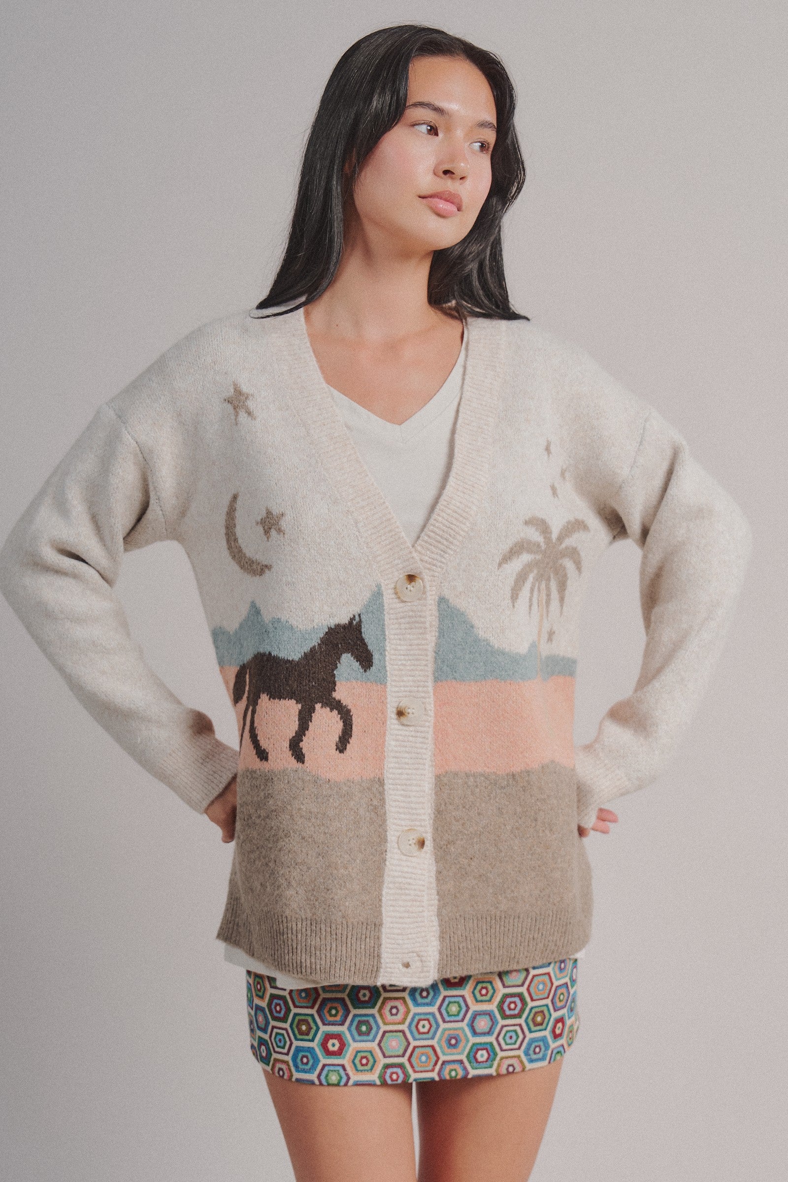 Palm Tree Horse Scenic Knit Cardigan in Taupe	 - Women's Fashion | Urban Daizy