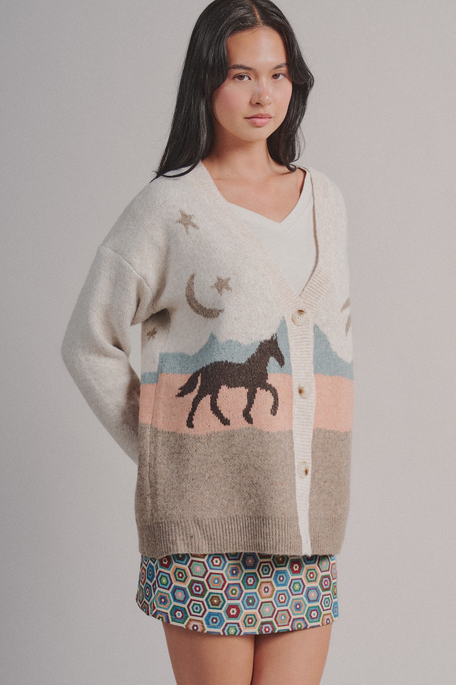 Palm Tree Horse Scenic Knit Cardigan in Taupe	 - Women's Fashion | Urban Daizy