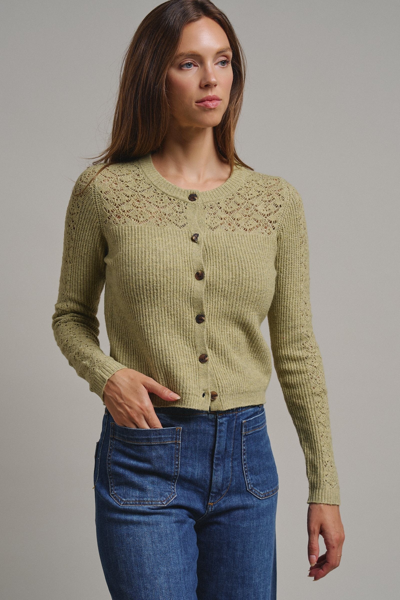 Heirloom Pointelle Knit Cardigan in Avocado - Women's Sweaters | Urban Daizy