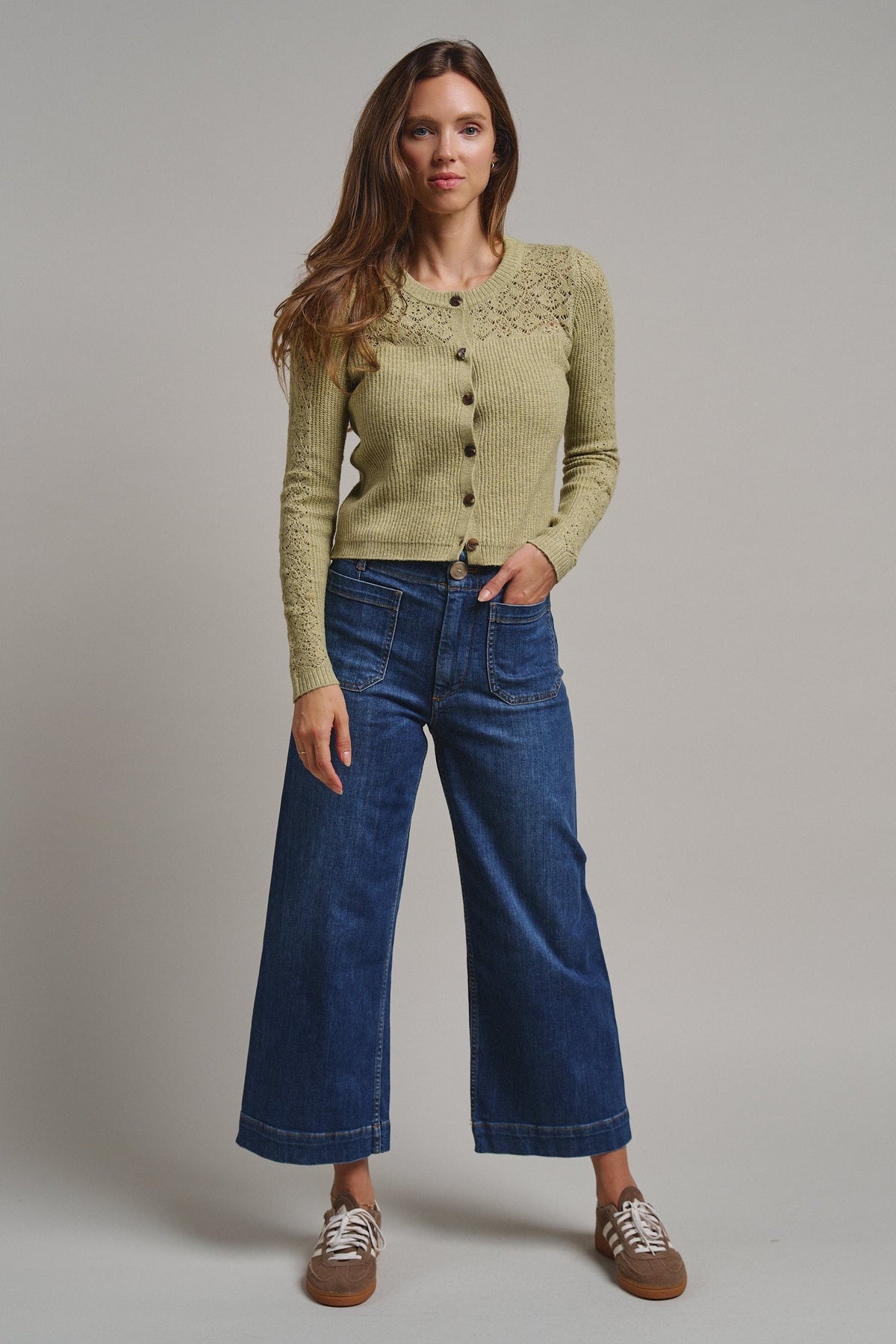 Heirloom Pointelle Knit Cardigan in Avocado - Women's Sweaters | Urban Daizy
