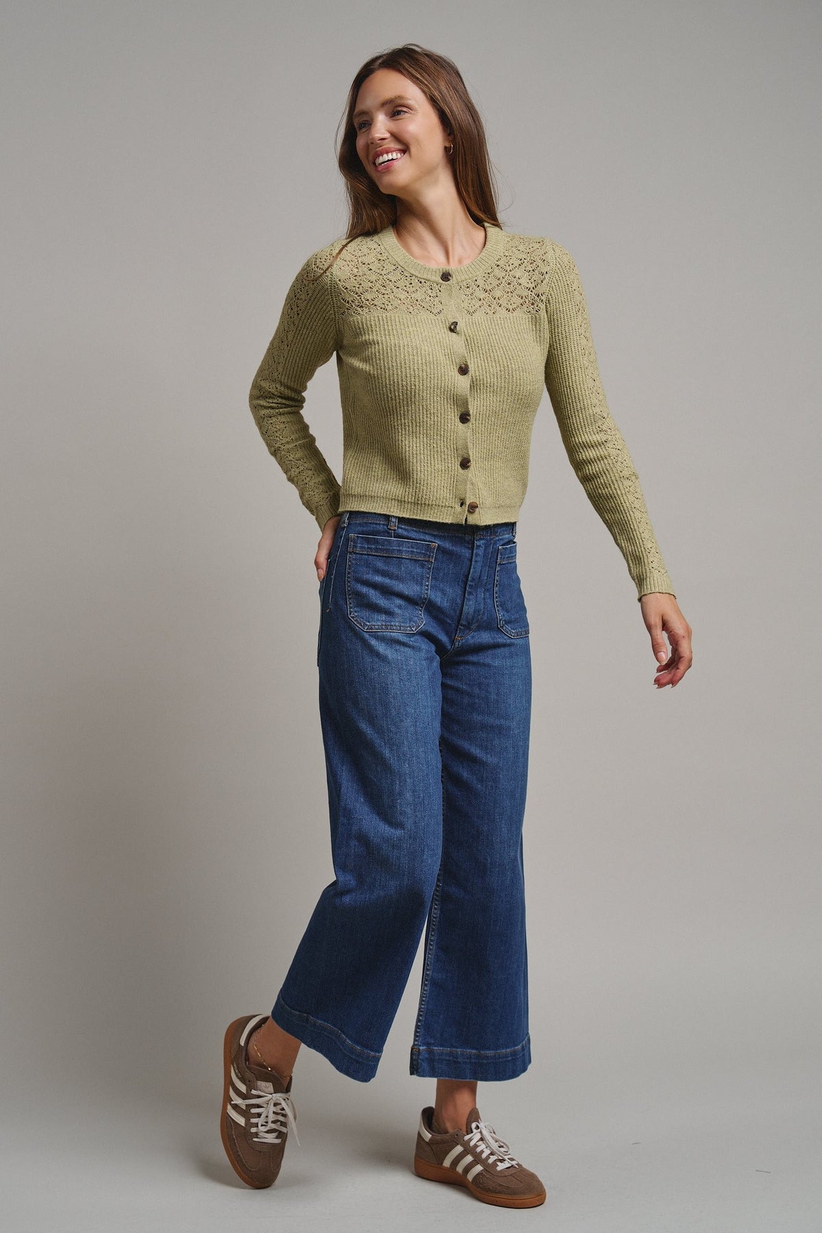 Heirloom Pointelle Knit Cardigan in Avocado - Women's Sweaters | Urban Daizy