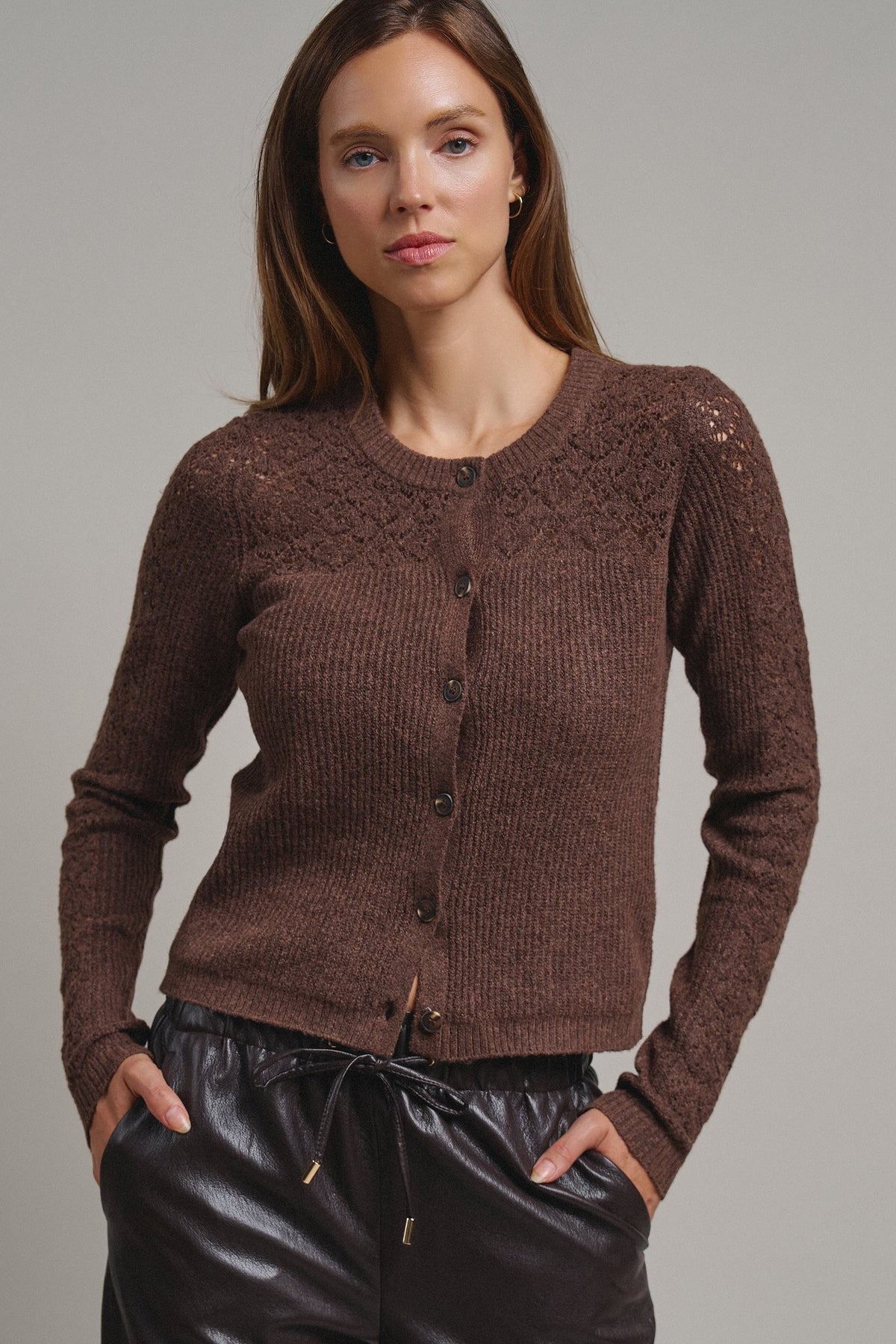 Heirloom Pointelle Knit Cardigan in Mocha - Women's Sweaters | Urban Daizy