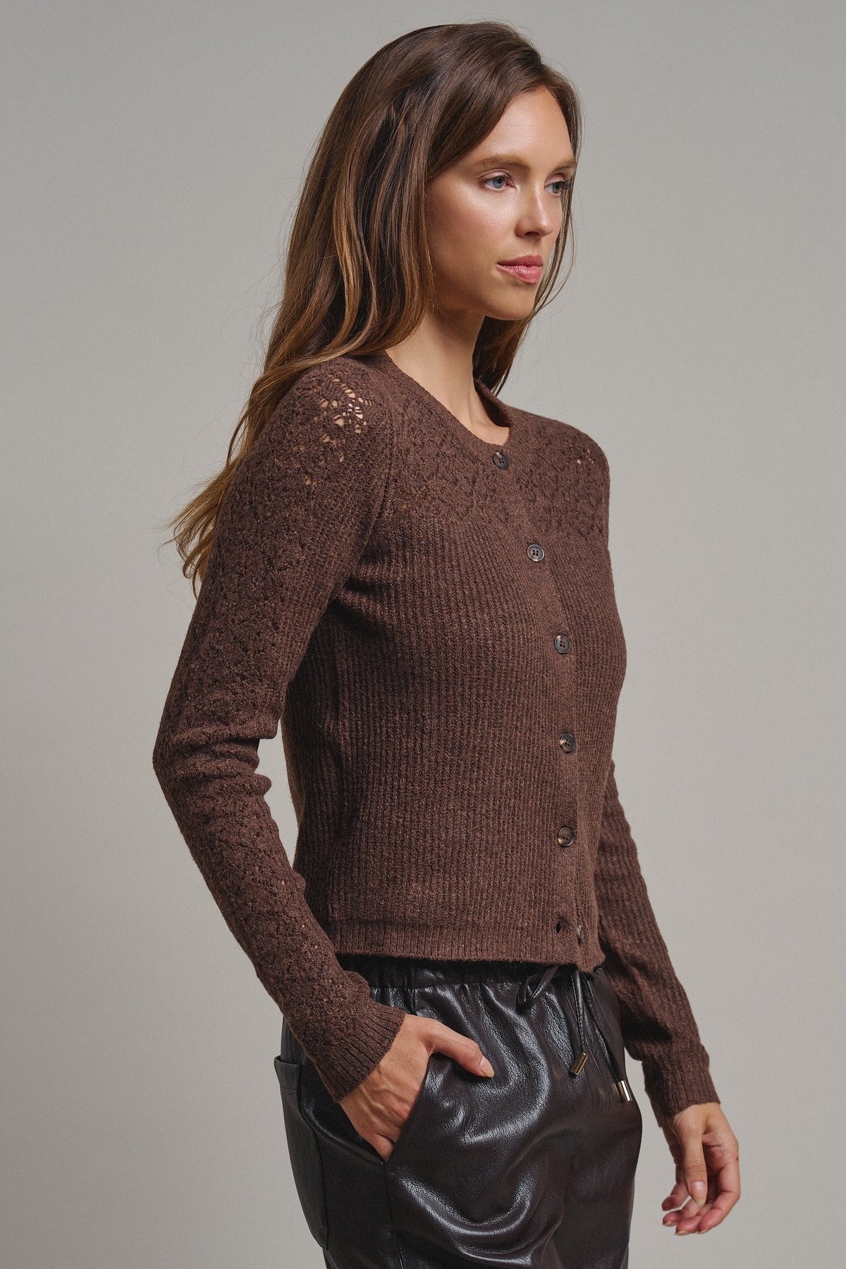 Heirloom Pointelle Knit Cardigan in Mocha - Women's Sweaters | Urban Daizy