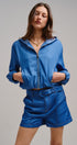 Chambray Cropped Hoodie Jacket with Drawstring Hem in Blue - Women's Jackets & Outerwear | Urban Daizy