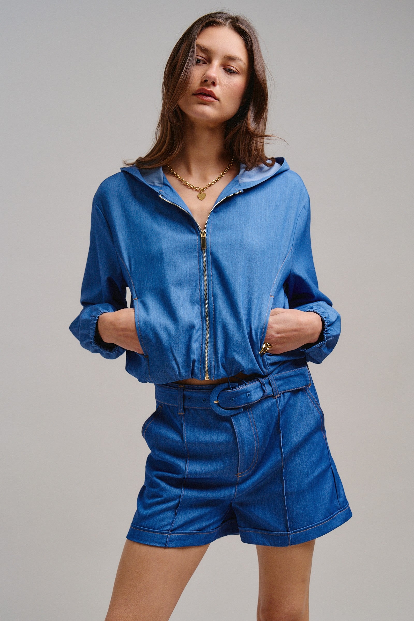 Chambray Cropped Hoodie Jacket with Drawstring Hem in Blue - Women's Jackets & Outerwear | Urban Daizy