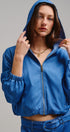 Chambray Cropped Hoodie Jacket with Drawstring Hem in Blue - Women's Jackets & Outerwear | Urban Daizy