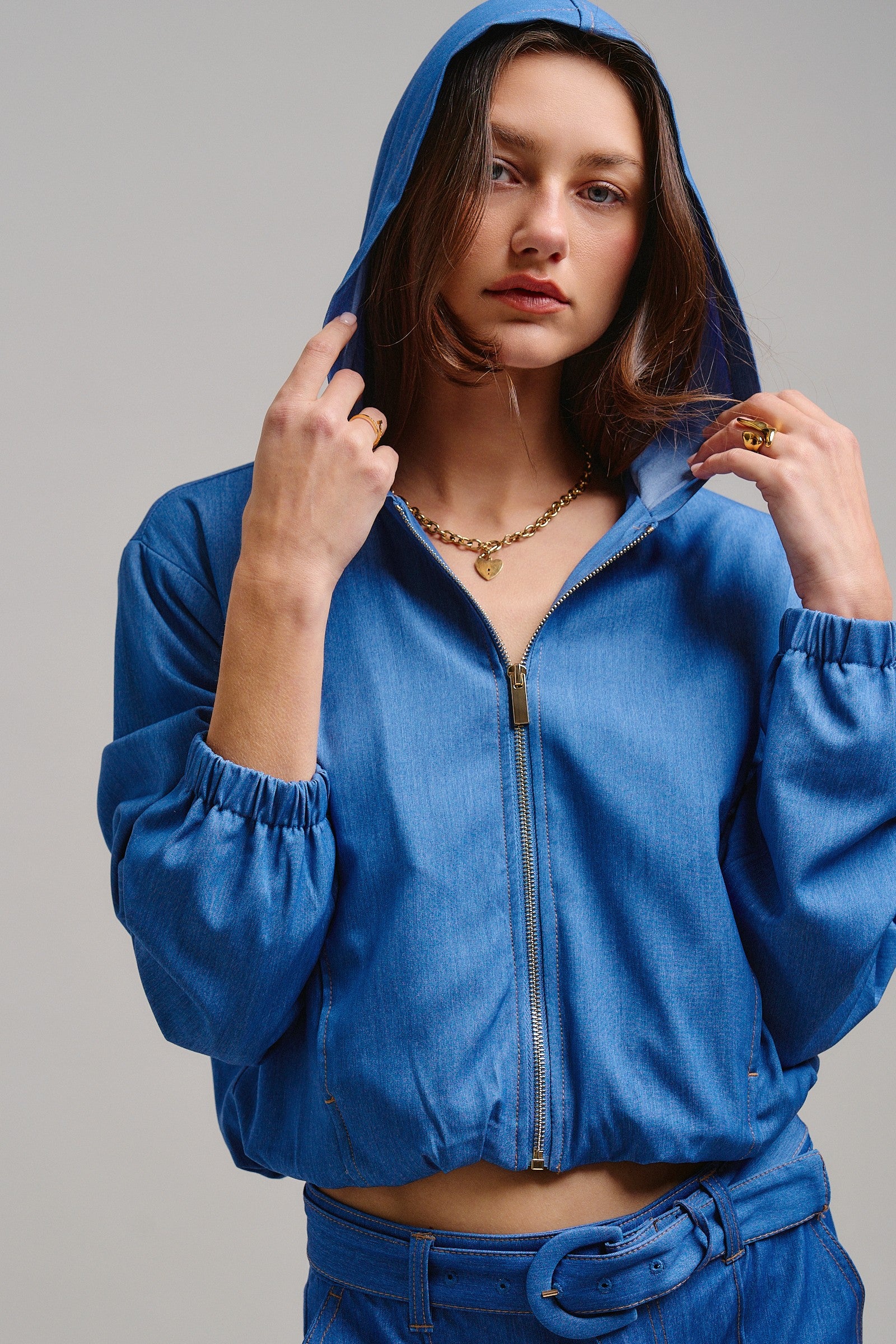 Chambray Cropped Hoodie Jacket with Drawstring Hem in Blue - Women's Jackets & Outerwear | Urban Daizy