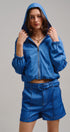Chambray Cropped Hoodie Jacket with Drawstring Hem in Blue - Women's Jackets & Outerwear | Urban Daizy