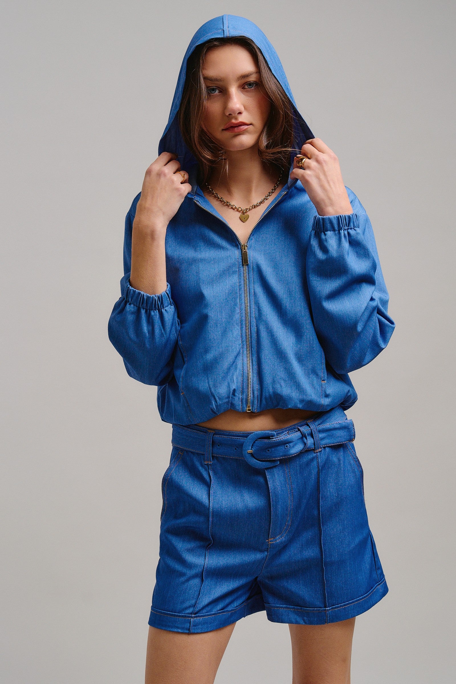 Chambray Cropped Hoodie Jacket with Drawstring Hem in Blue - Women's Jackets & Outerwear | Urban Daizy
