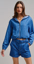 Chambray Cropped Hoodie Jacket with Drawstring Hem in Blue - Women's Jackets & Outerwear | Urban Daizy
