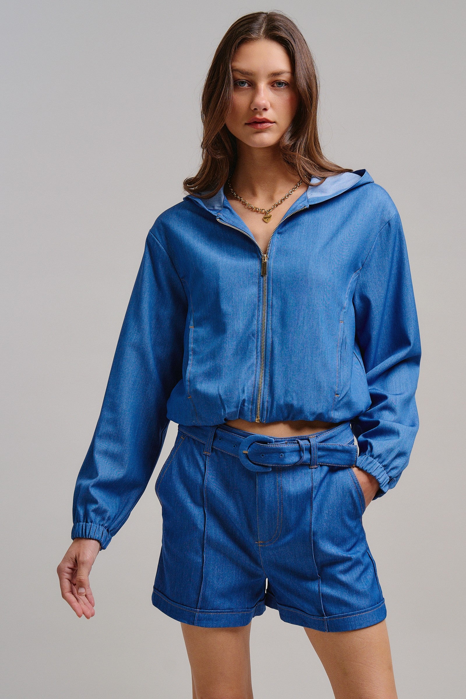Chambray Cropped Hoodie Jacket with Drawstring Hem in Blue - Women's Jackets & Outerwear | Urban Daizy