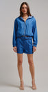 Chambray Cropped Hoodie Jacket with Drawstring Hem in Blue - Women's Jackets & Outerwear | Urban Daizy
