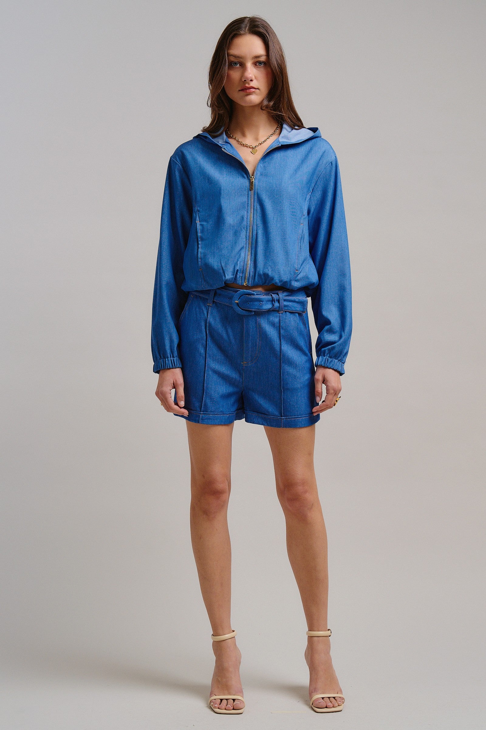 Chambray Cropped Hoodie Jacket with Drawstring Hem in Blue - Women's Jackets & Outerwear | Urban Daizy
