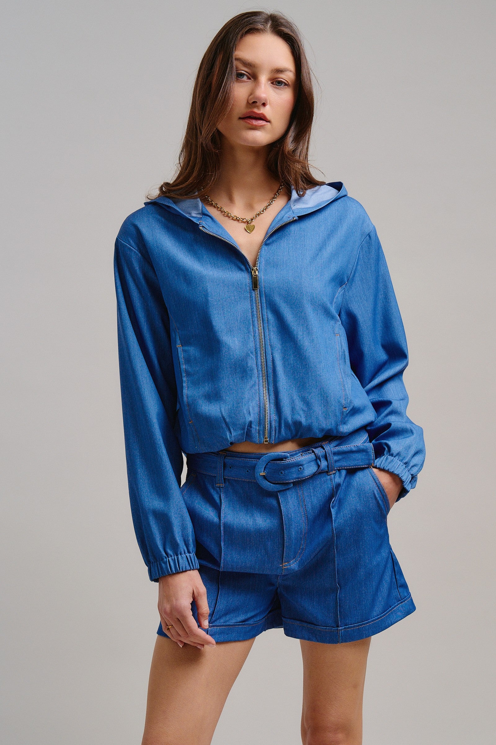 Chambray Cropped Hoodie Jacket with Drawstring Hem in Blue - Women's Jackets & Outerwear | Urban Daizy