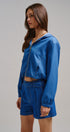 Chambray Cropped Hoodie Jacket with Drawstring Hem in Blue - Women's Jackets & Outerwear | Urban Daizy