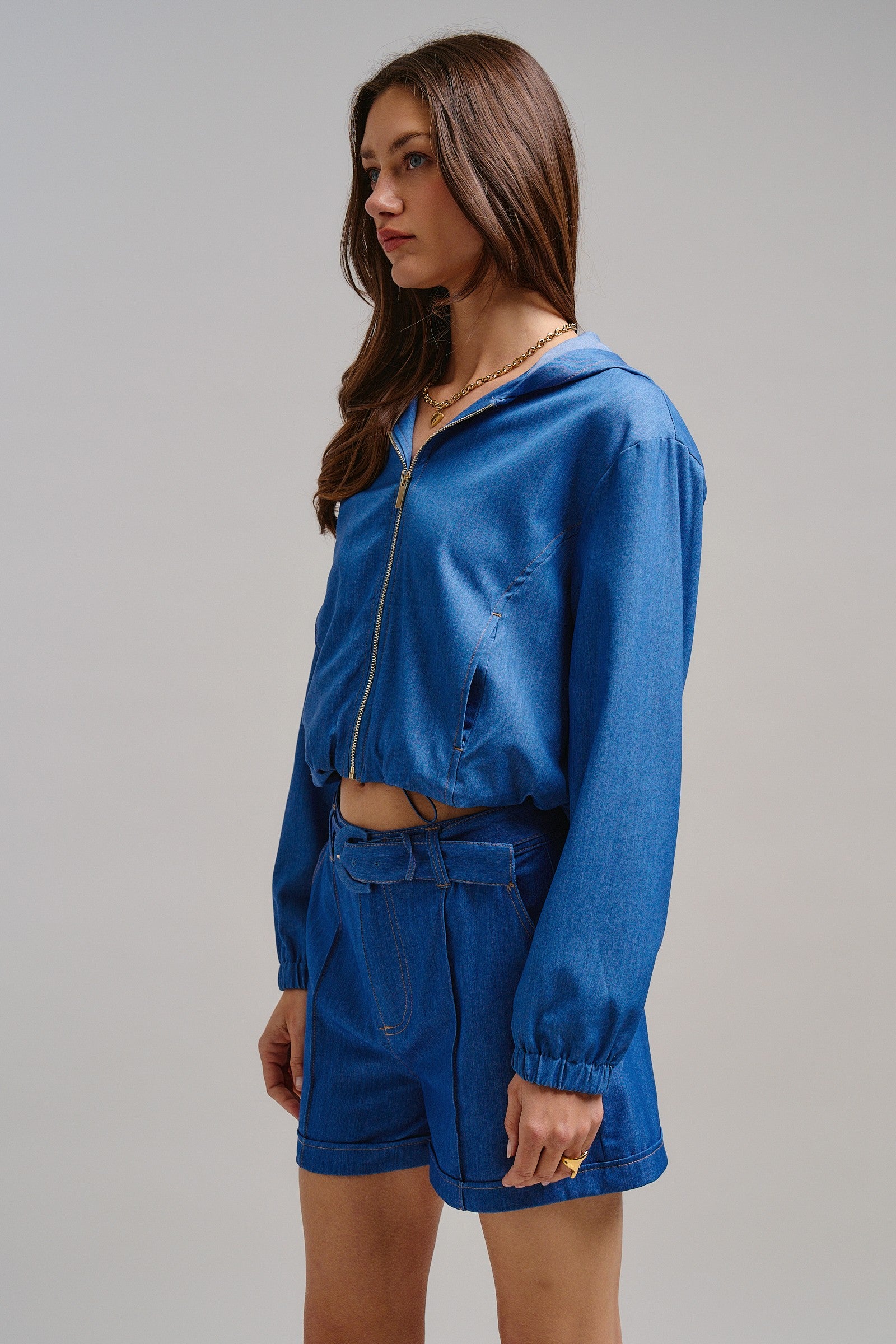 Chambray Cropped Hoodie Jacket with Drawstring Hem in Blue - Women's Jackets & Outerwear | Urban Daizy
