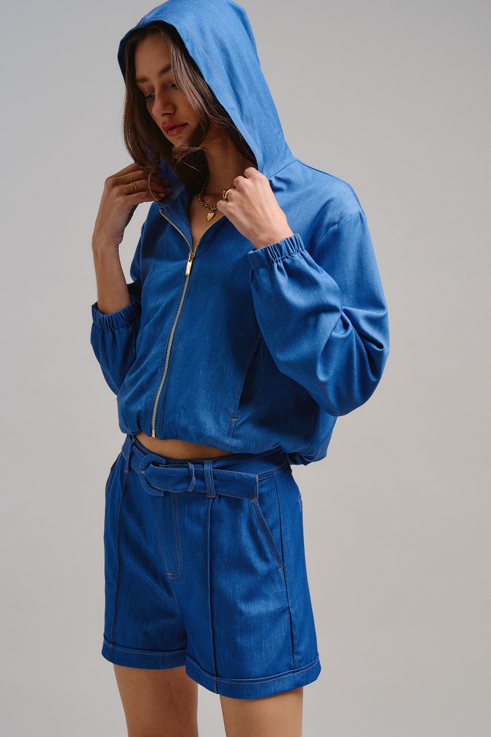 Chambray Cropped Hoodie Jacket with Drawstring Hem in Blue - Women's Jackets & Outerwear | Urban Daizy