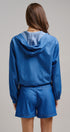 Chambray Cropped Hoodie Jacket with Drawstring Hem in Blue - Women's Jackets & Outerwear | Urban Daizy