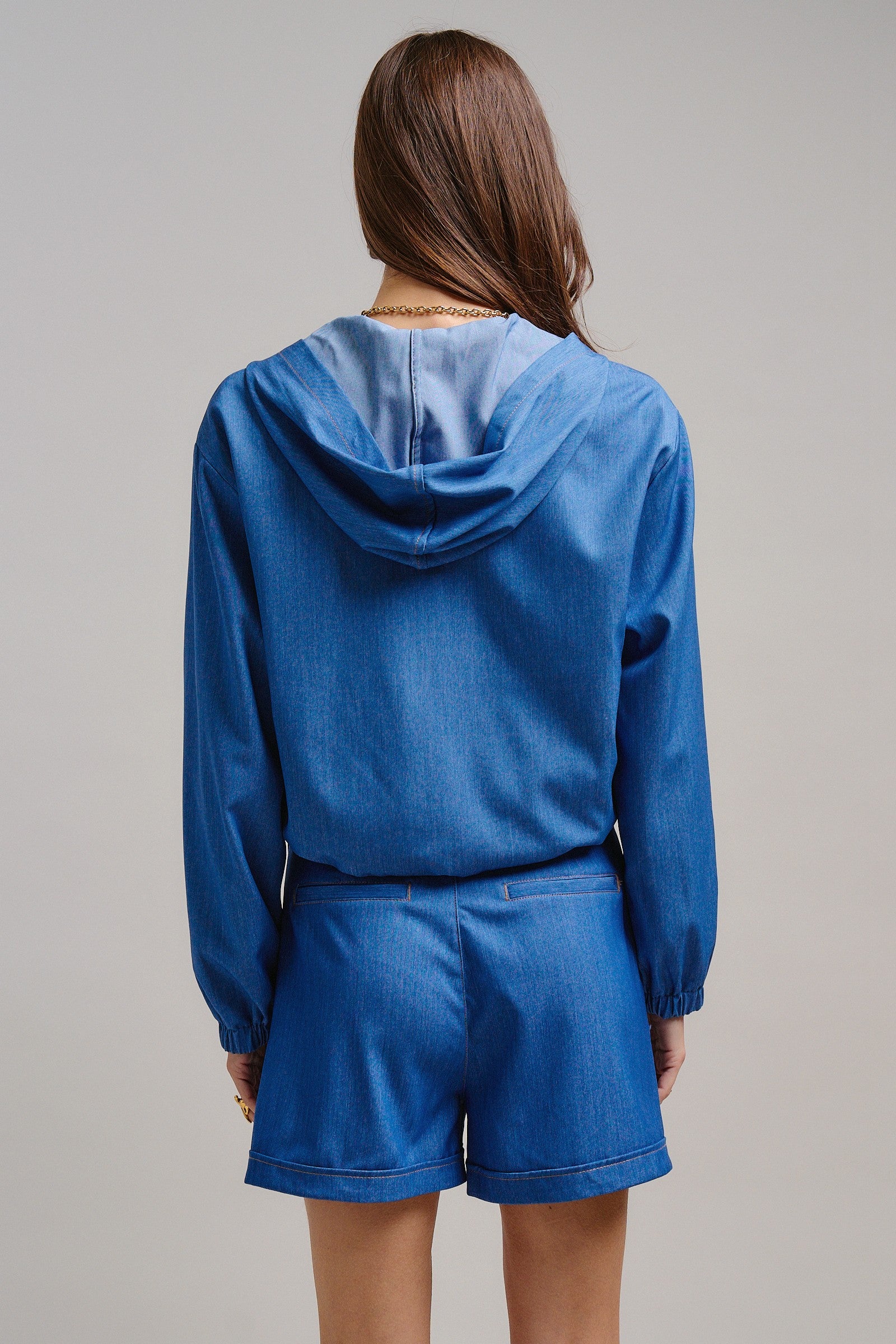 Chambray Cropped Hoodie Jacket with Drawstring Hem in Blue - Women's Jackets & Outerwear | Urban Daizy