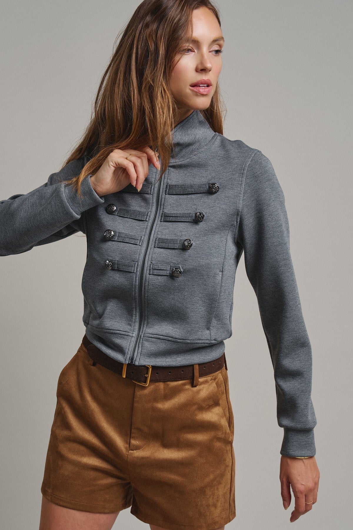 Cadet Charm Napoleon Zip Jacket in Dk H Grey - Women's Jackets & Blazers | Urban Daizy