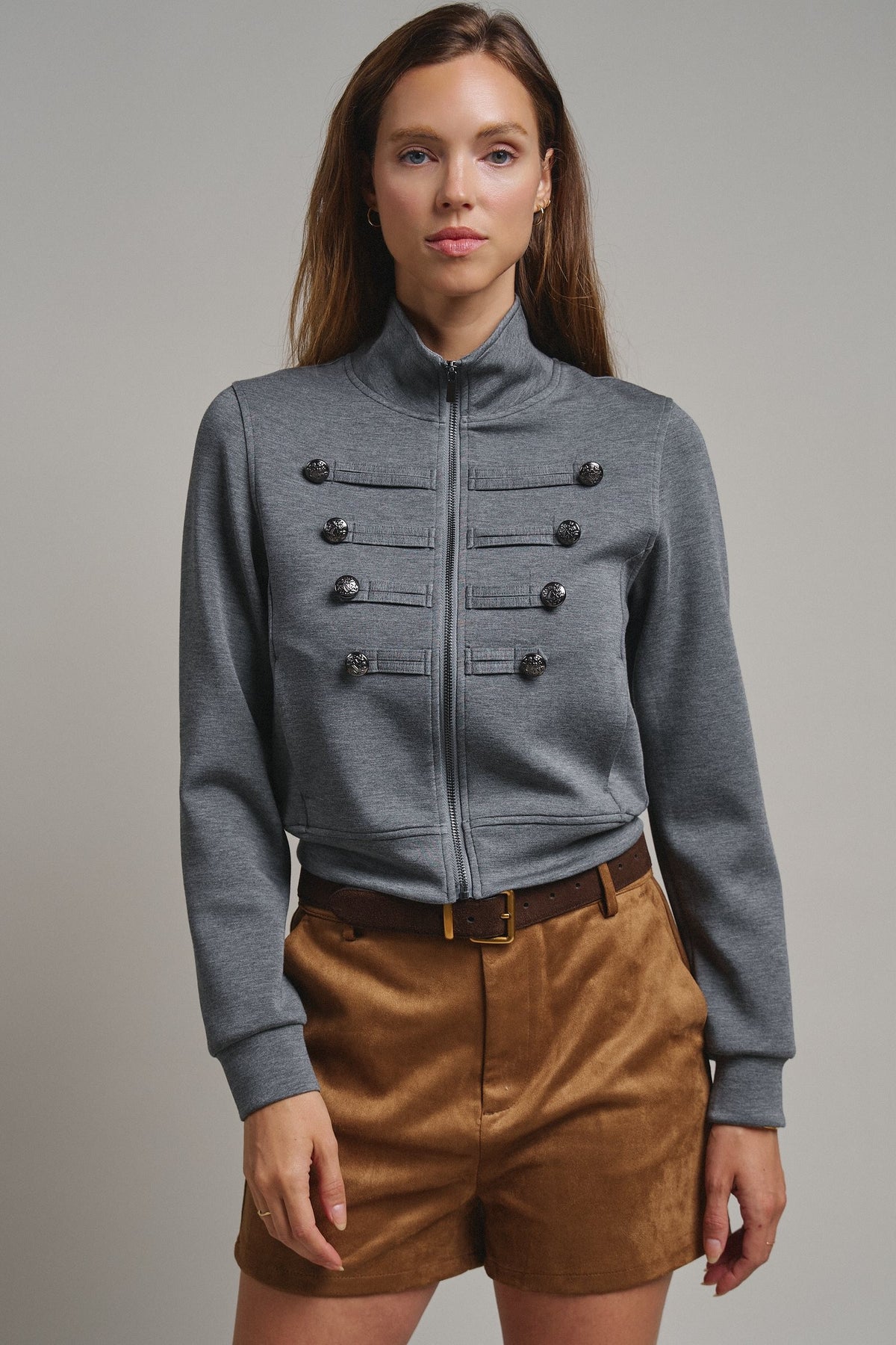 Cadet Charm Napoleon Zip Jacket in Dk H Grey - Women's Jackets & Blazers | Urban Daizy