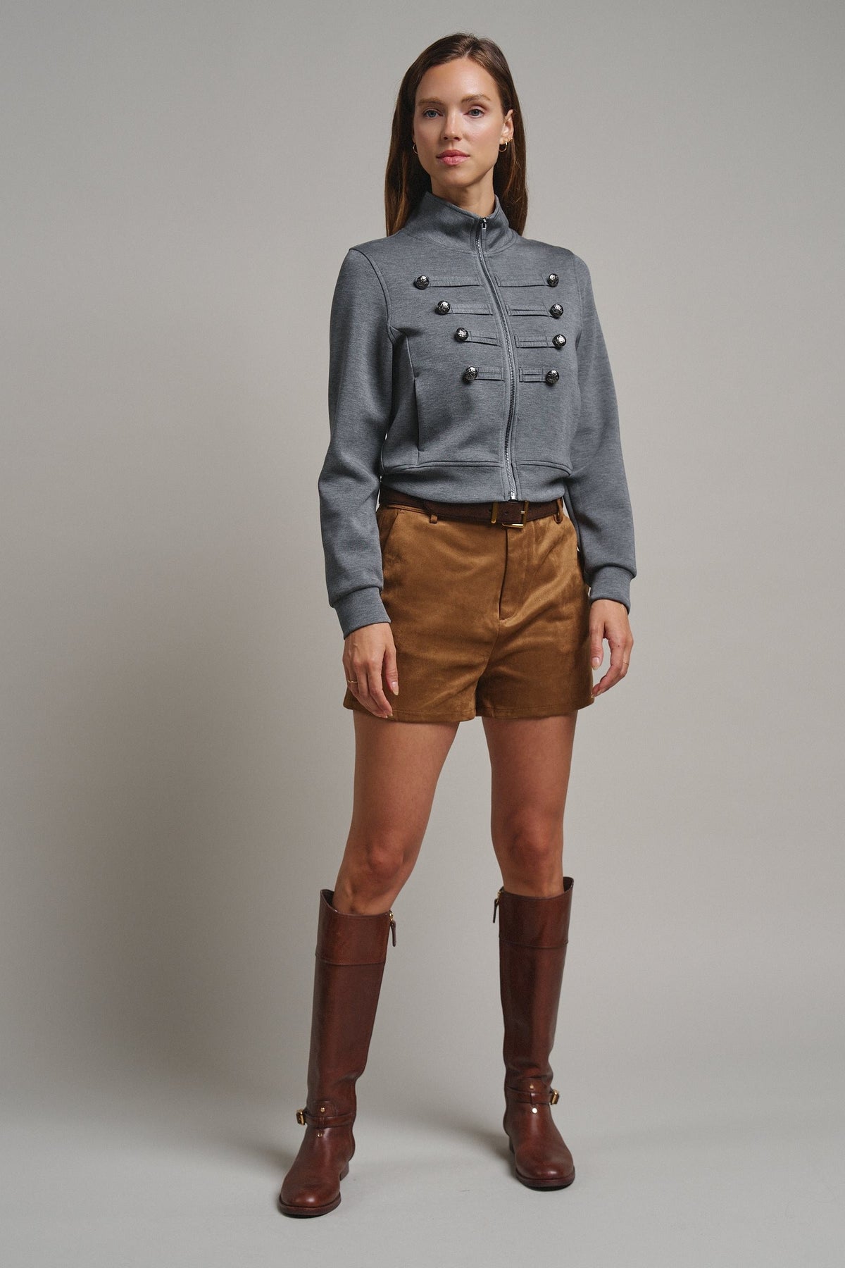 Cadet Charm Napoleon Zip Jacket in Dk H Grey - Women's Jackets & Blazers | Urban Daizy