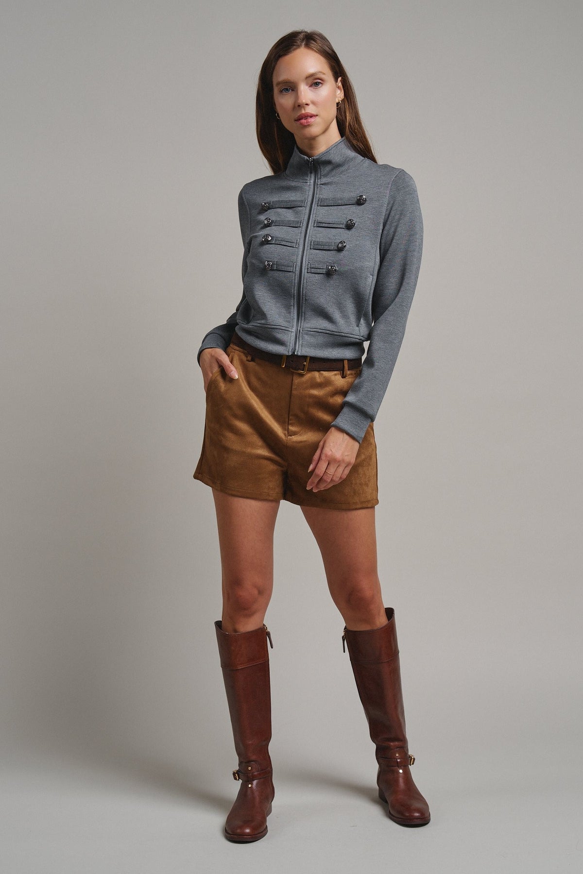 Cadet Charm Napoleon Zip Jacket in Dk H Grey - Women's Jackets & Blazers | Urban Daizy