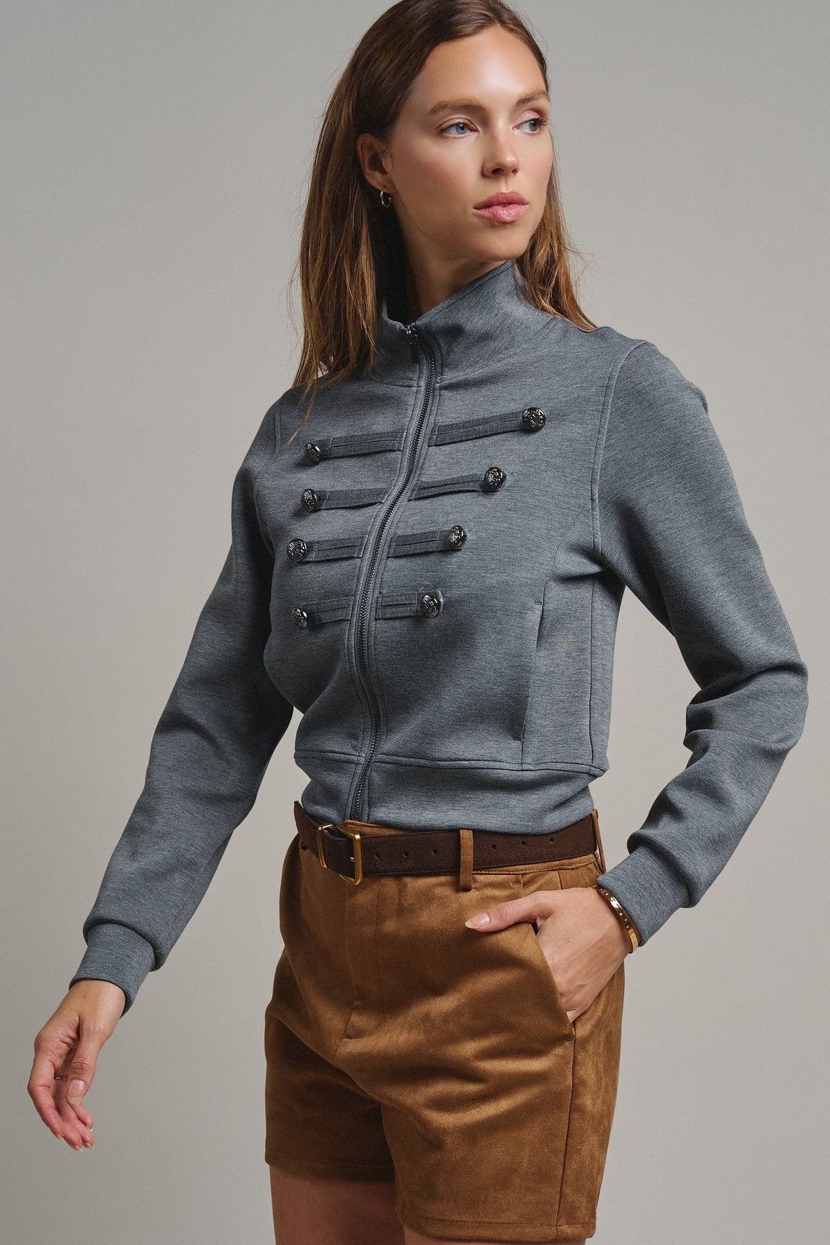 Cadet Charm Napoleon Zip Jacket in Dk H Grey - Women's Jackets & Blazers | Urban Daizy