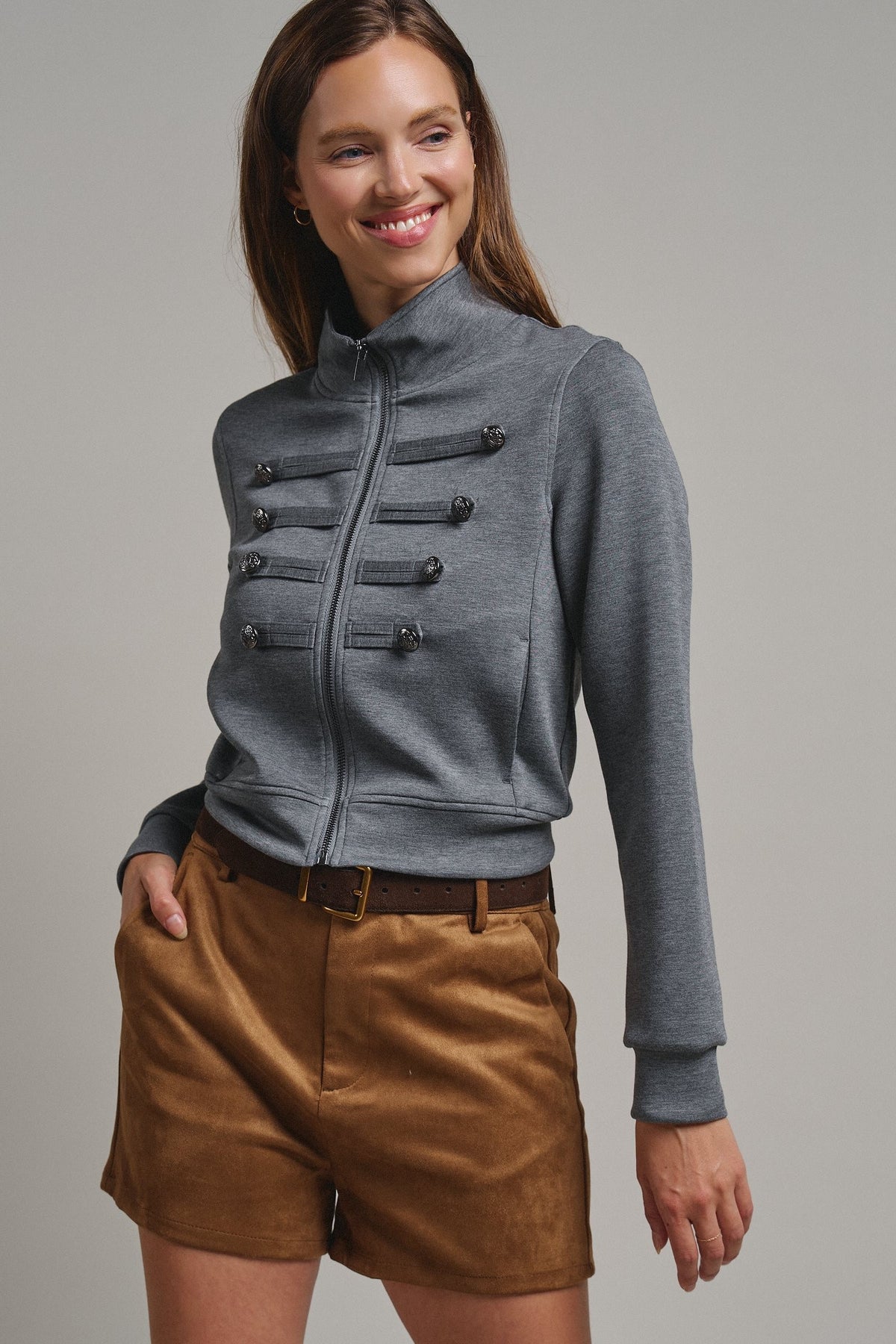 Cadet Charm Napoleon Zip Jacket in Dk H Grey - Women's Jackets & Blazers | Urban Daizy