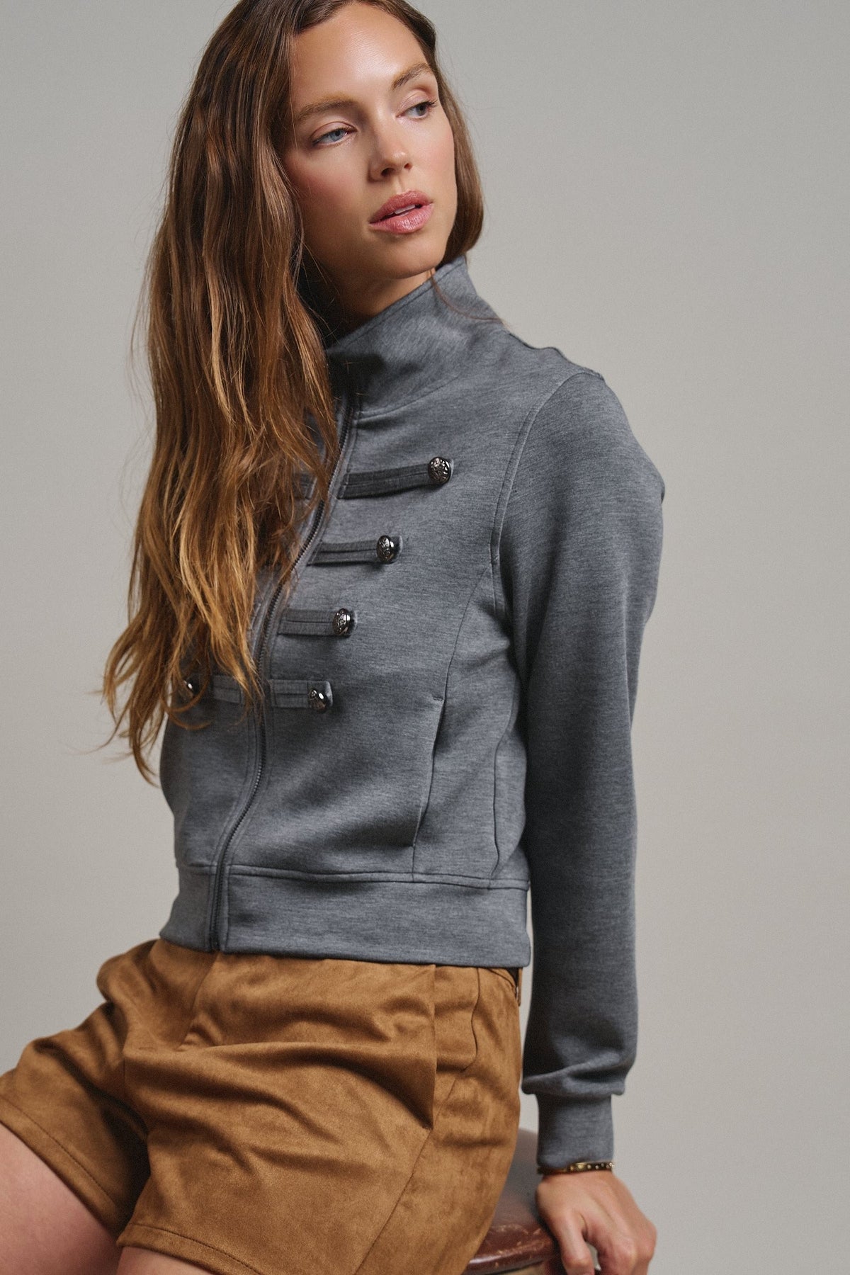 Cadet Charm Napoleon Zip Jacket in Dk H Grey - Women's Jackets & Blazers | Urban Daizy