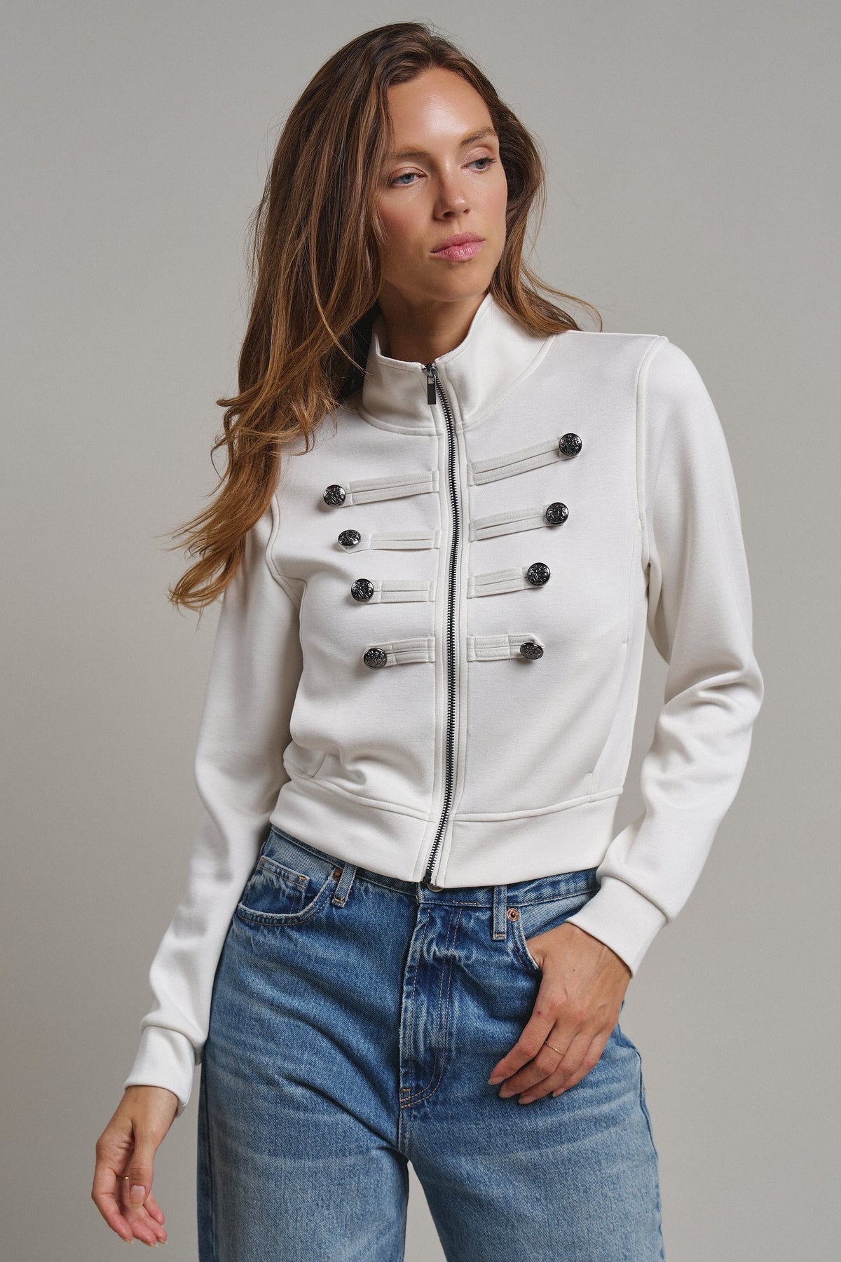 Cadet Charm Napoleon Zip Jacket in Milk - Women's Jackets & Blazers | Urban Daizy