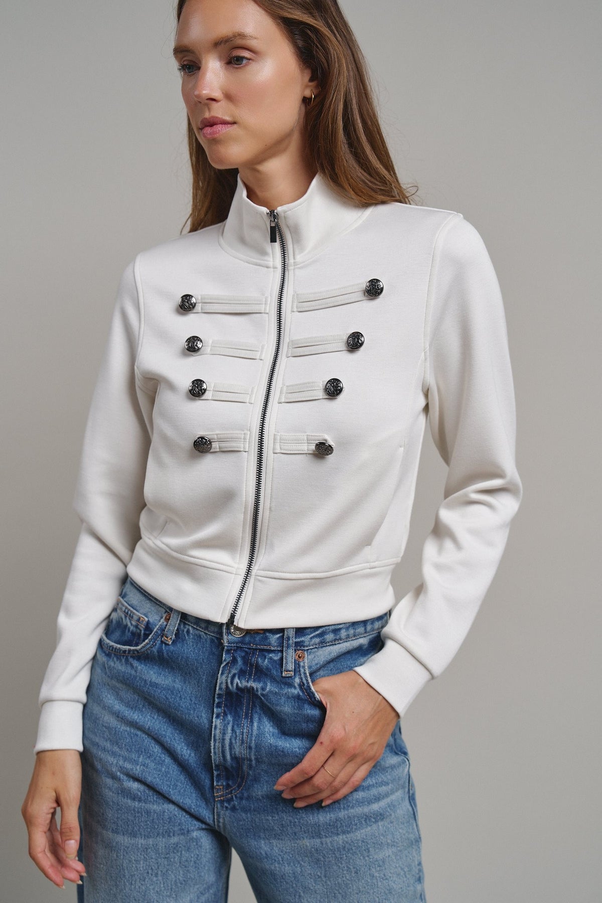 Cadet Charm Napoleon Zip Jacket in Milk - Women's Jackets & Blazers | Urban Daizy