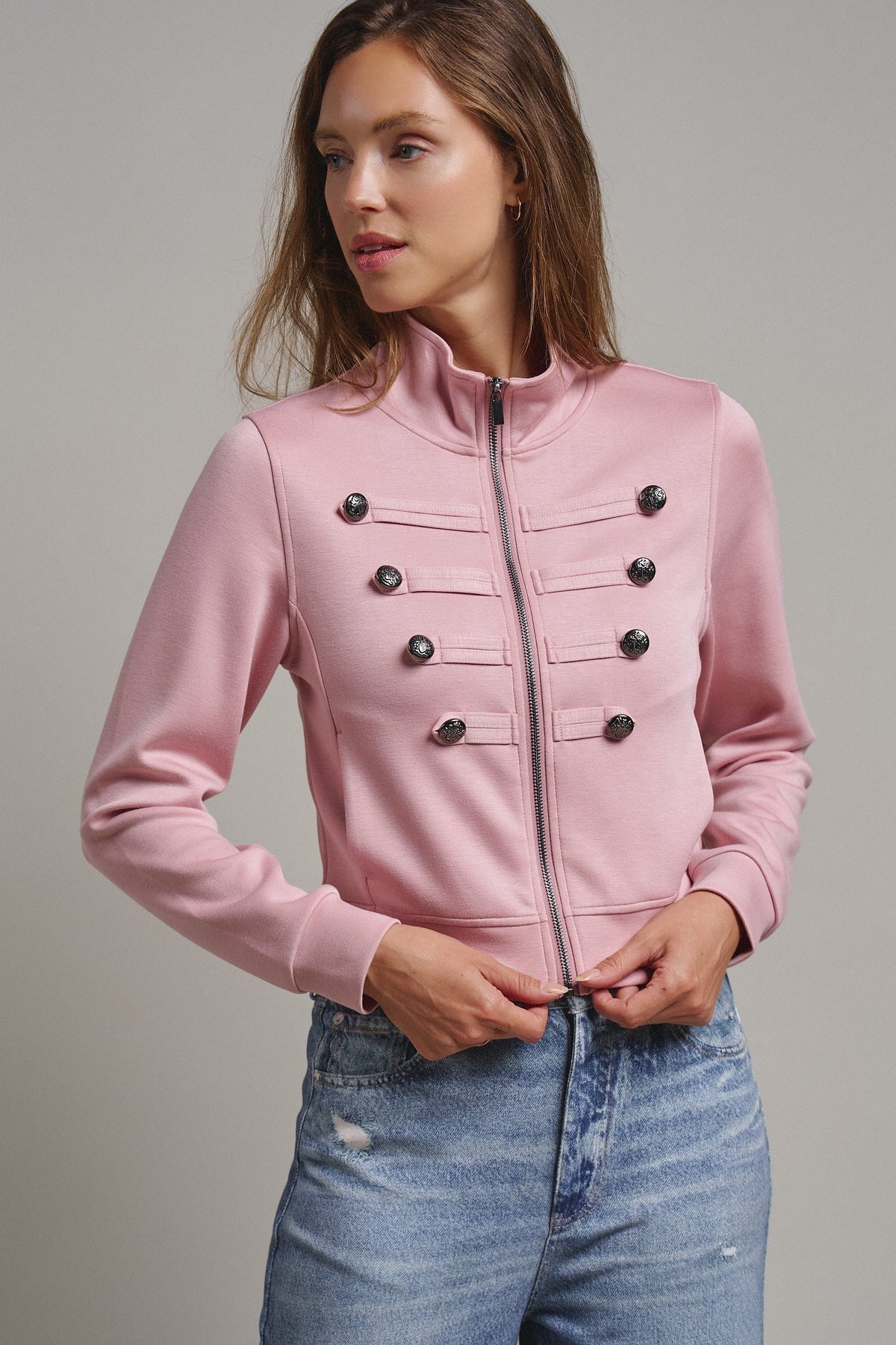 Cadet Charm Napoleon Zip Jacket in Pink Stone - Women's Jackets & Blazers | Urban Daizy