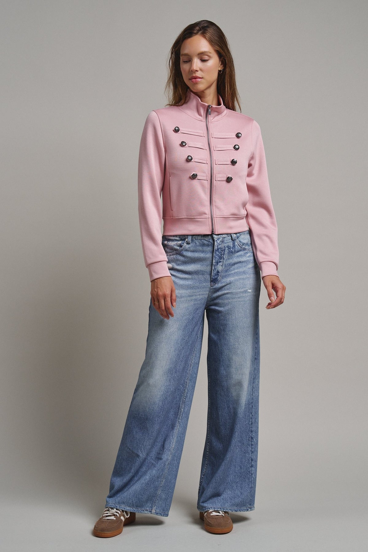 Cadet Charm Napoleon Zip Jacket in Pink Stone - Women's Jackets & Blazers | Urban Daizy