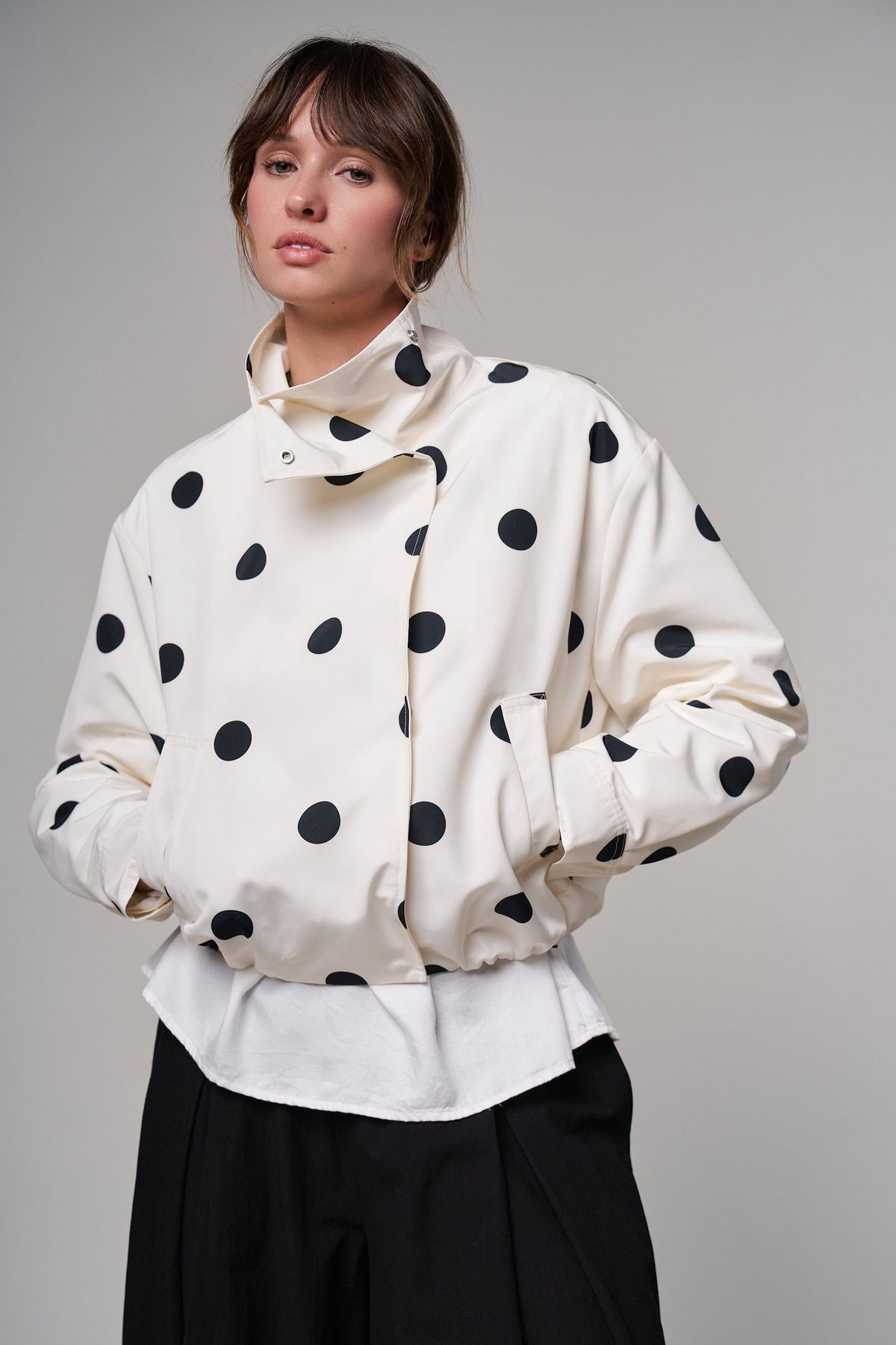 Spot On Polka Dot Bomber Jacket in White - Women's Jackets & Blazers | Urban Daizy