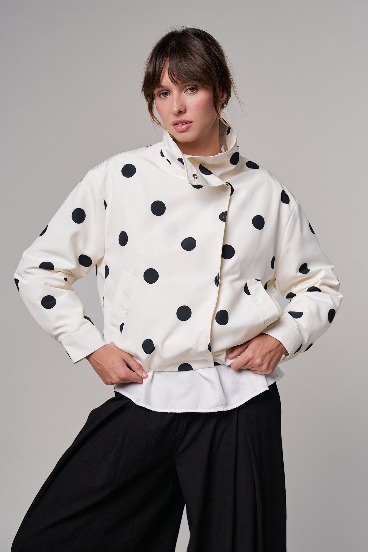 Spot On Polka Dot Bomber Jacket in White - Women's Jackets & Blazers | Urban Daizy