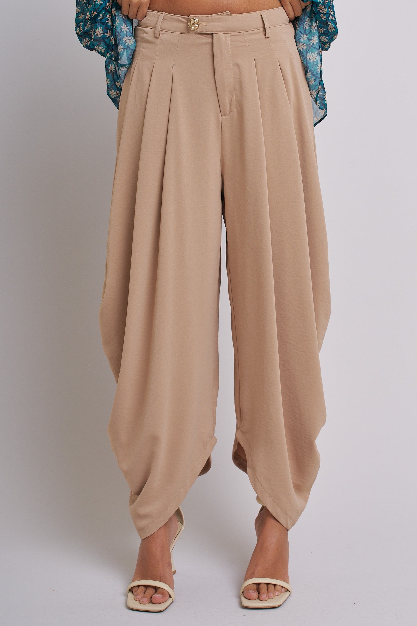 High Waist Pleated Drape Trouser With Gold Button in Khaki - Women's Pants | Urban Daizy