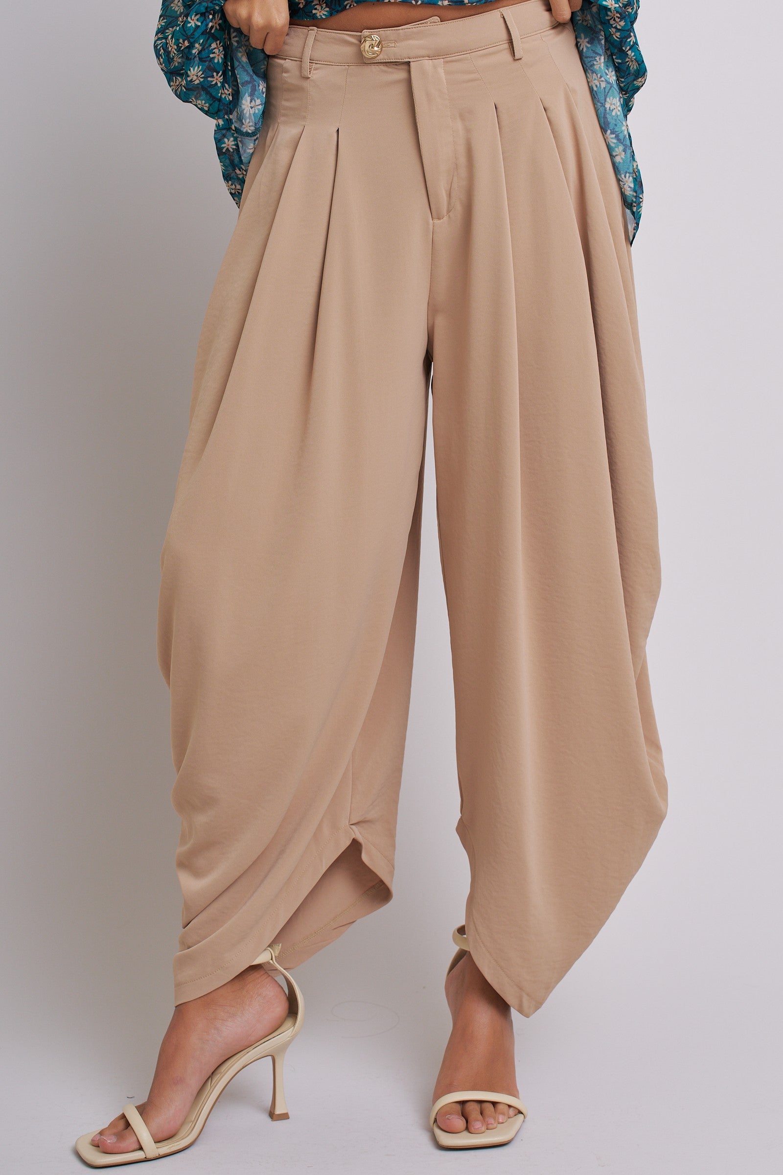 High Waist Pleated Drape Trouser With Gold Button in Khaki - Women's Pants | Urban Daizy