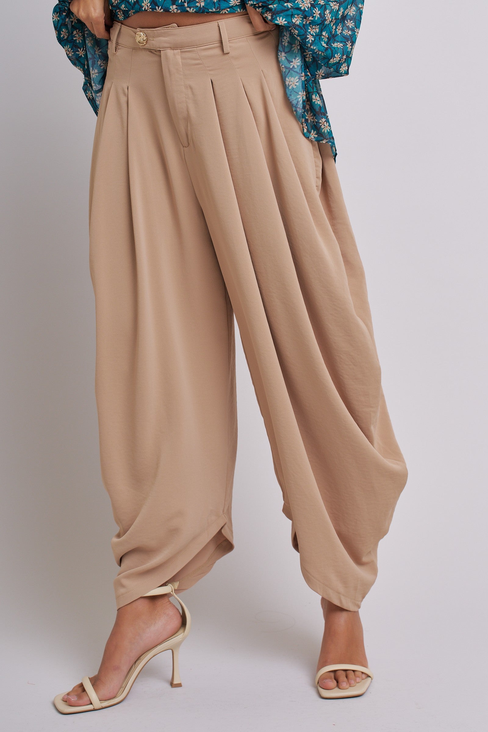 High Waist Pleated Drape Trouser With Gold Button in Khaki - Women's Pants | Urban Daizy