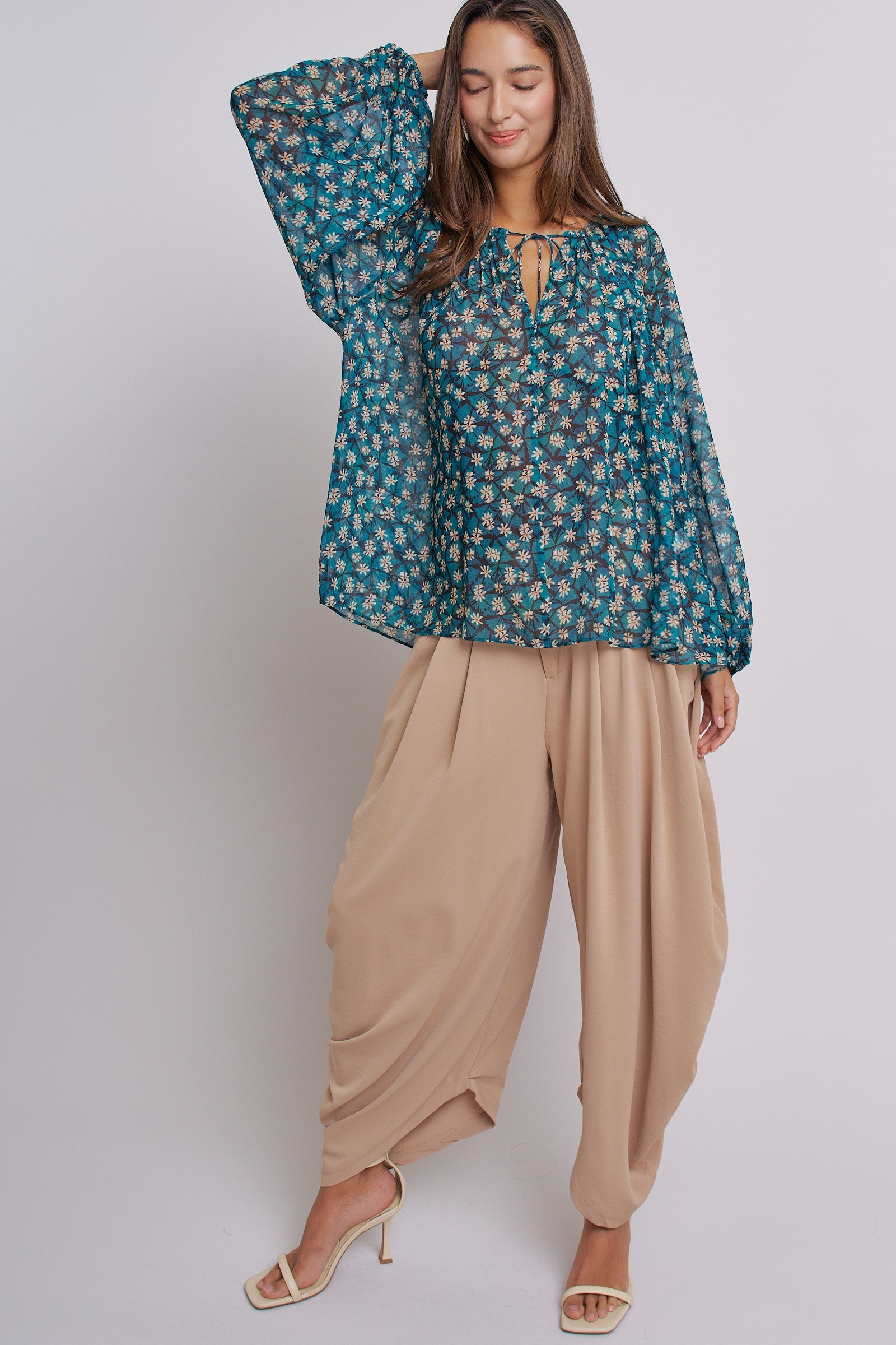 High Waist Pleated Drape Trouser With Gold Button in Khaki - Women's Pants | Urban Daizy