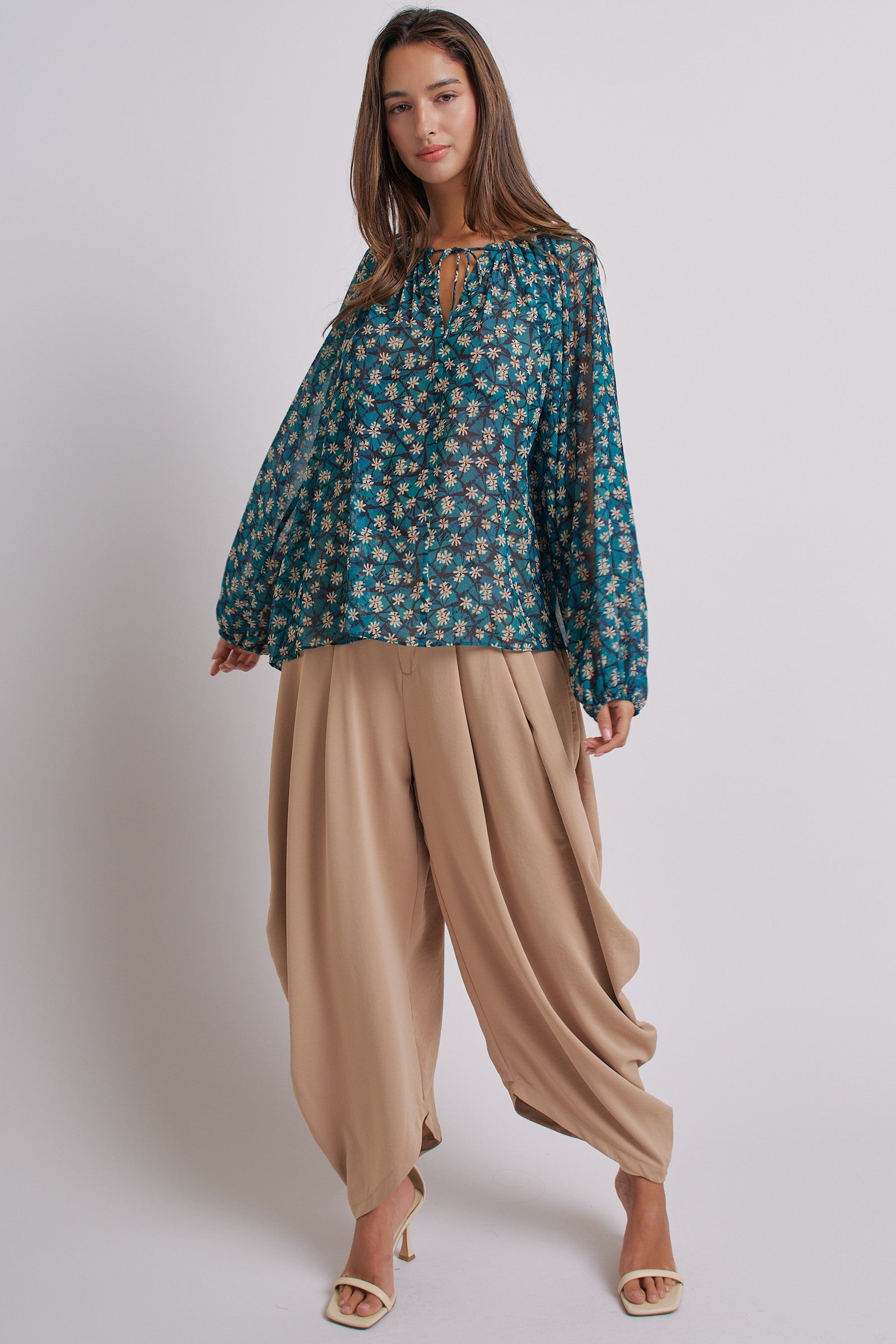 High Waist Pleated Drape Trouser With Gold Button in Khaki - Women's Pants | Urban Daizy