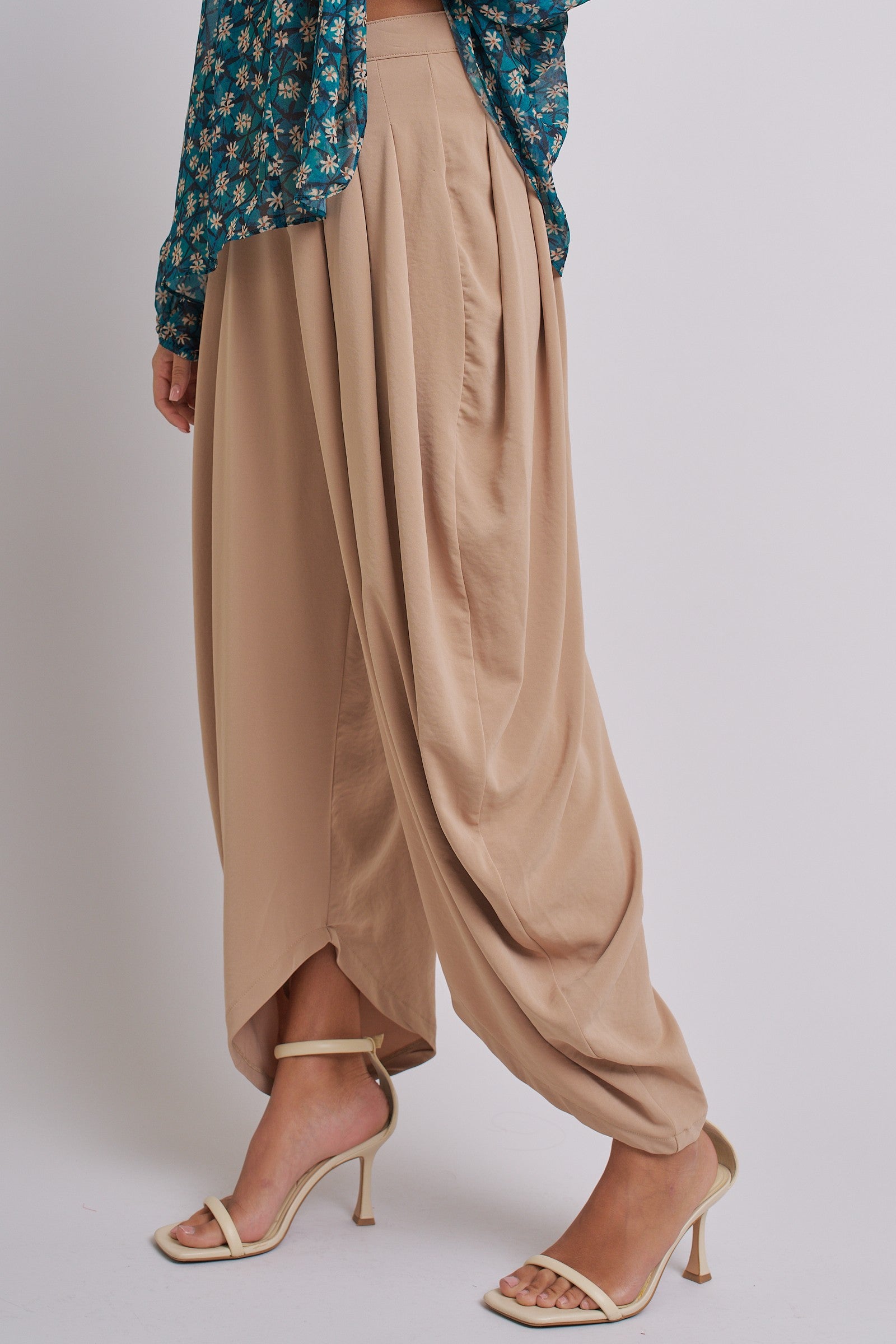 High Waist Pleated Drape Trouser With Gold Button in Khaki - Women's Pants | Urban Daizy