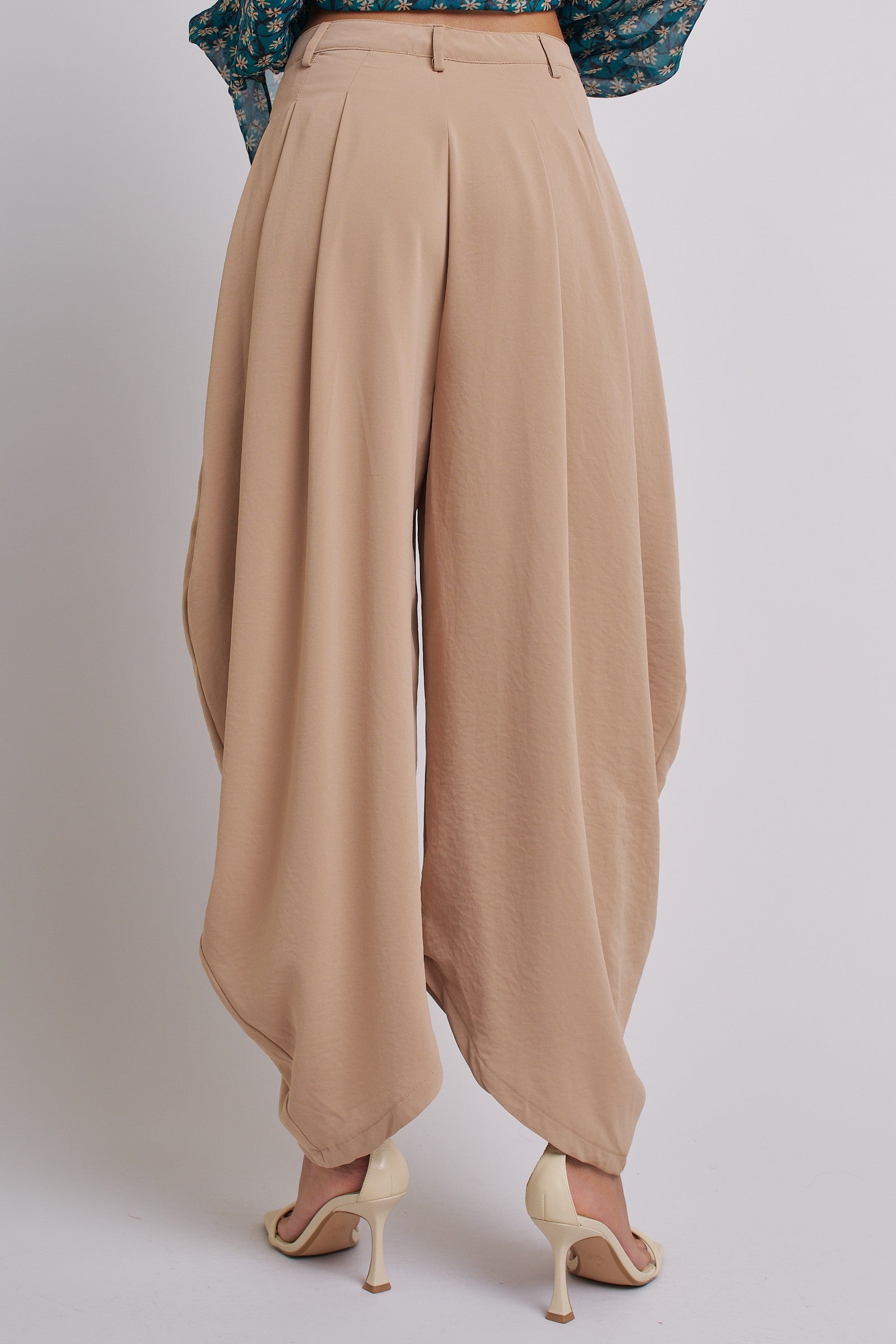 High Waist Pleated Drape Trouser With Gold Button in Khaki - Women's Pants | Urban Daizy