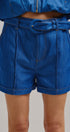 High Waisted Chambray Belted Shorts With Cuffed Hem in Blue - Women's Pants | Urban Daizy