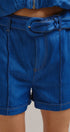 High Waisted Chambray Belted Shorts With Cuffed Hem in Blue - Women's Pants | Urban Daizy