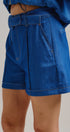 High Waisted Chambray Belted Shorts With Cuffed Hem in Blue - Women's Pants | Urban Daizy