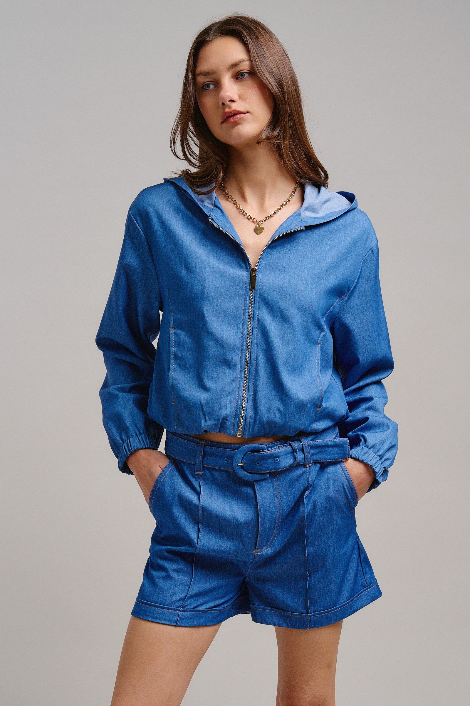 High Waisted Chambray Belted Shorts With Cuffed Hem in Blue - Women's Pants | Urban Daizy